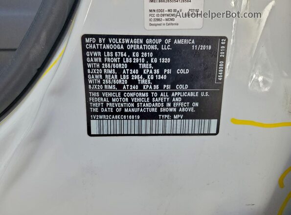 1V2WR2CA8KC616819 2019 VOLKSWAGEN ATLAS White 