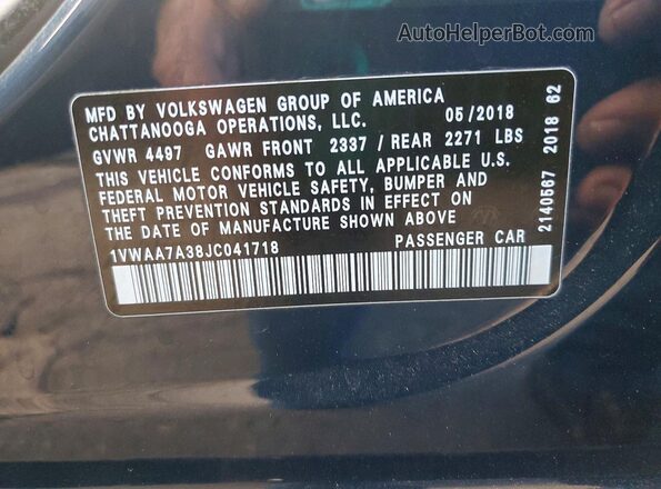 1VWAA7A38JC041718 2018 VOLKSWAGEN PASSAT Blue 
