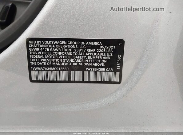 1VWMA7A36MC013630 2021 VOLKSWAGEN PASSAT Серебряный Вид подкапотного пространства