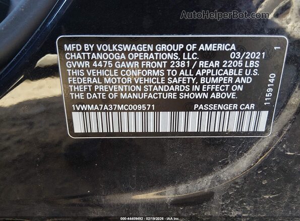 1VWMA7A37MC009571 2021 VOLKSWAGEN PASSAT Черный 