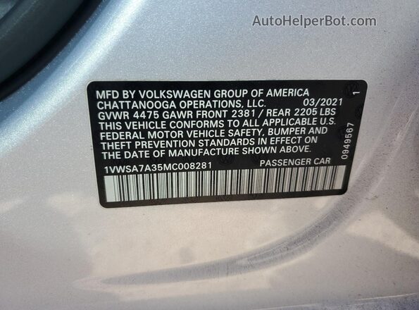 1VWSA7A35MC008281 2021 VOLKSWAGEN PASSAT Silver Engine compartment view