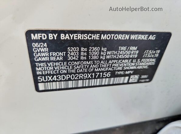 5UX43DP02R9X17156 2024 BMW X3 Белый 