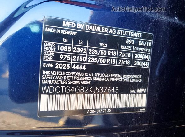 WDCTG4GB2KJ537645 2019 MERCEDES-BENZ GLA Черный Панорамный вид салона 360°