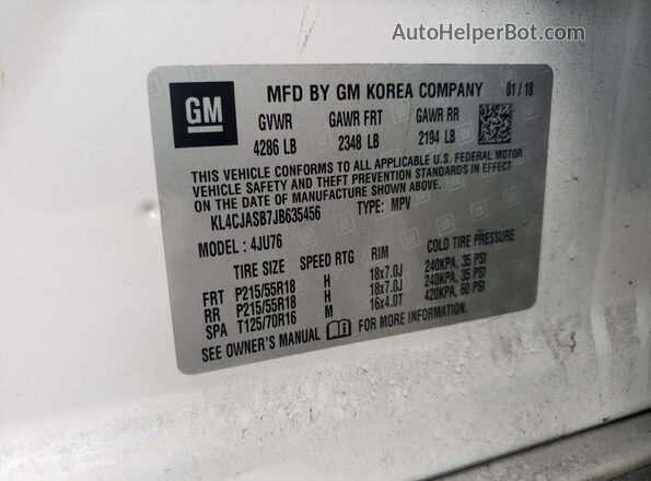 KL4CJASB7JB635456 2018 BUICK ENCORE White Vista interior de 360 grados