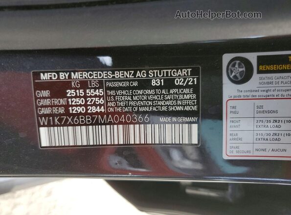W1K7X6BB7MA040366 2021 MERCEDES-BENZ GT-CLASS Black VIN sticker view