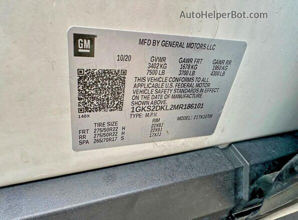 1GKS2DKL2MR186101 2021 GMC YUKON Белый Вид задней части салона