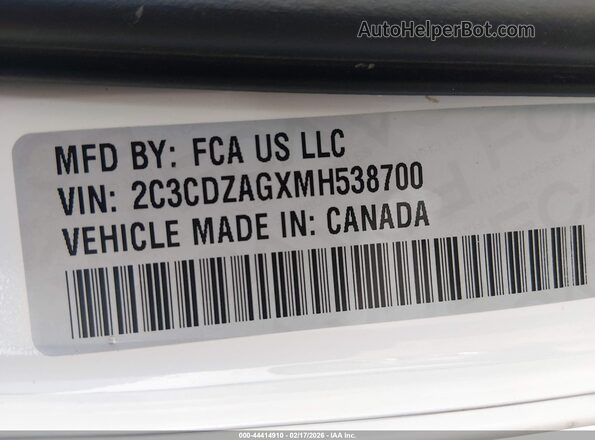 2C3CDZAGXMH538700 2021 DODGE CHALLENGER White 