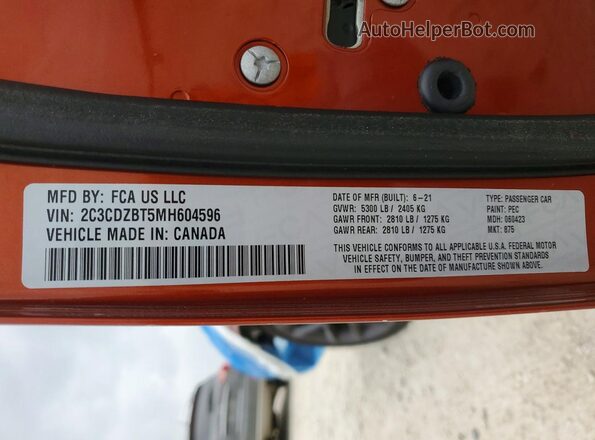2C3CDZBT5MH604596 2021 DODGE CHALLENGER Orange 