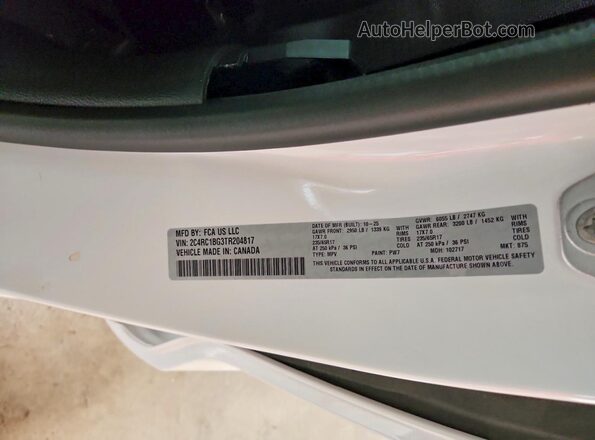 2C4RC1BG3TR204817 2026 CHRYSLER PACIFICA White Widok naklejki z numerem VIN