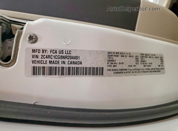 2C4RC1CG8NR204491 2022 CHRYSLER VOYAGER White VIN კოდის სტიკერის ხედი