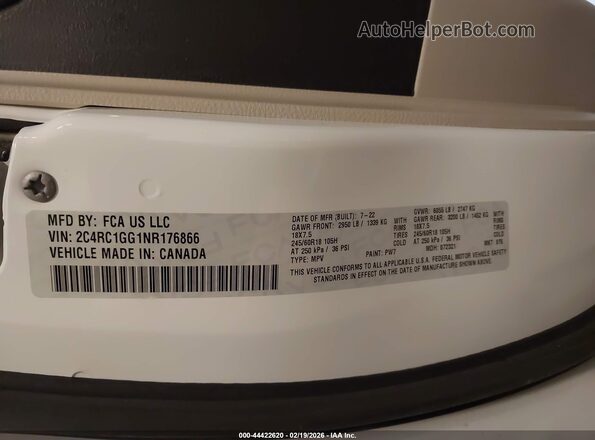2C4RC1GG1NR176866 2022 CHRYSLER PACIFICA White Вид підкапотного простору