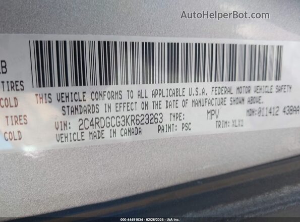 2C4RDGCG3KR623263 2019 DODGE GRAND CARAVAN Серебряный 