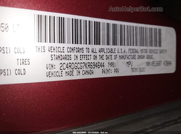 2C4RDGCG7KR694644 2019 DODGE GRAND CARAVAN Red Widok komory silnika