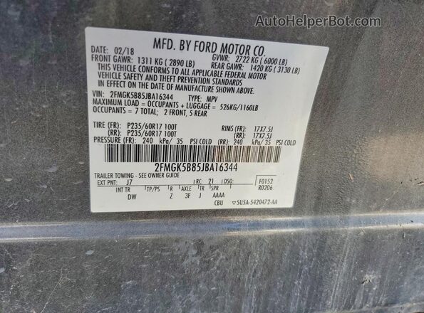 2FMGK5B85JBA16344 2018 FORD FLEX Серый Вид наклейки с VIN-кодом