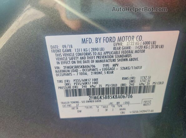 2FMGK5B85KBA06706 2019 FORD FLEX Silver 