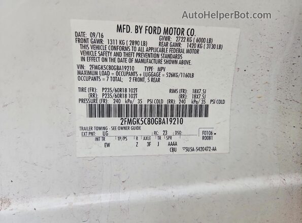 2FMGK5C80GBA19210 2016 FORD FLEX White VIN կոդի պիտակի տեսք