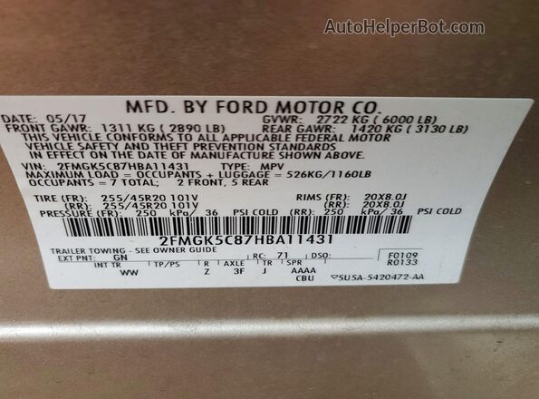 2FMGK5C87HBA11431 2017 FORD FLEX Beige Widok naklejki z numerem VIN