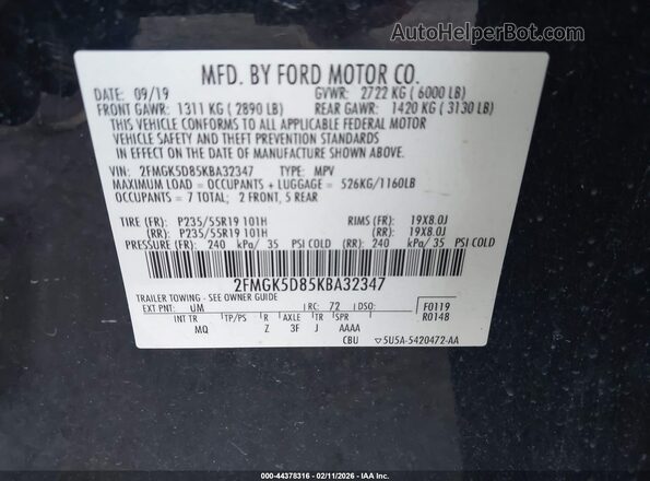 2FMGK5D85KBA32347 2019 FORD FLEX Black Вид підкапотного простору