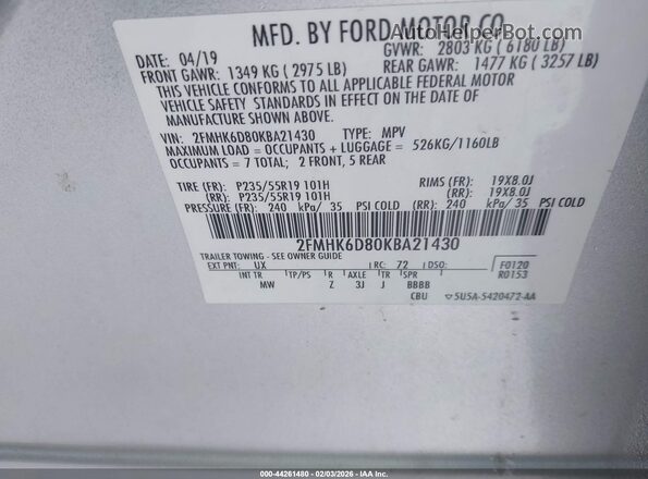 2FMHK6D80KBA21430 2019 FORD FLEX Silver Vista del compartimento del motor