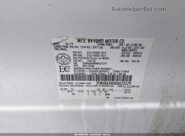 2FMHK6D80KBA23579 2019 FORD FLEX Белый 