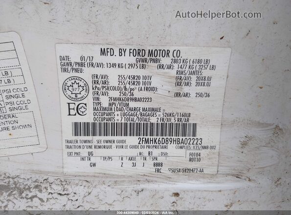 2FMHK6D89HBA02223 2017 FORD FLEX White Вид підкапотного простору