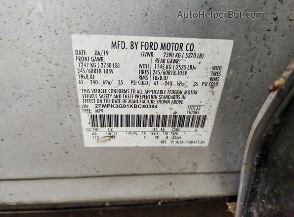 2FMPK3G91KBC40394 2019 FORD EDGE Silver 