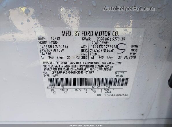 2FMPK3G95KBB47197 2019 FORD EDGE White Շարժիչի բաժամունքի տեսք
