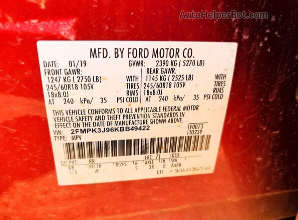 2FMPK3J96KBB49422 2019 FORD EDGE Red 