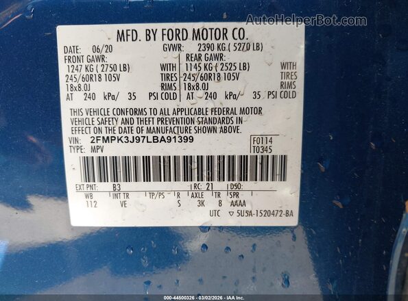 2FMPK3J97LBA91399 2020 FORD EDGE Blue Շարժիչի բաժամունքի տեսք