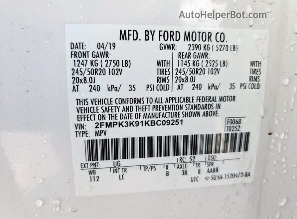 2FMPK3K91KBC09251 2019 FORD EDGE White 