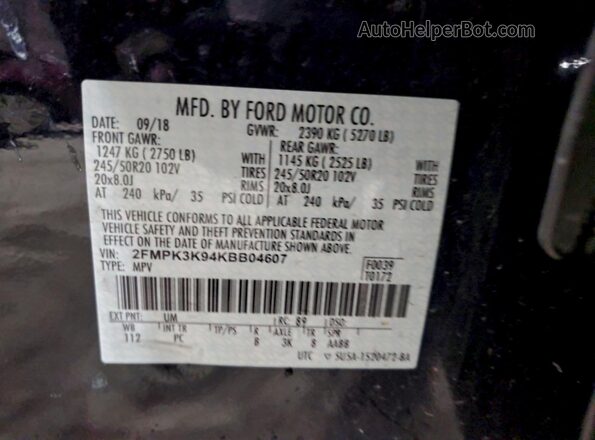 2FMPK3K94KBB04607 2019 FORD EDGE Black 