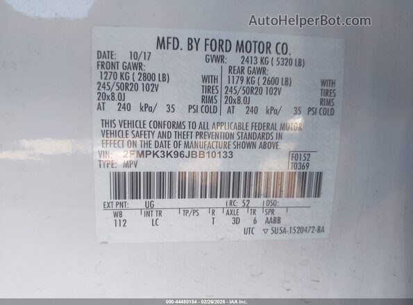 2FMPK3K96JBB10133 2018 FORD EDGE White ძრავის განყოფილების ხედი