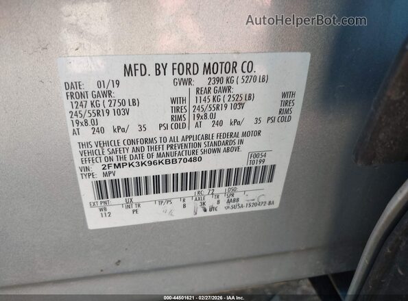 2FMPK3K96KBB70480 2019 FORD EDGE Silver 