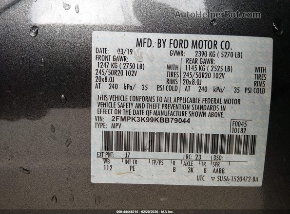 2FMPK3K99KBB79044 2019 FORD EDGE Gray 
