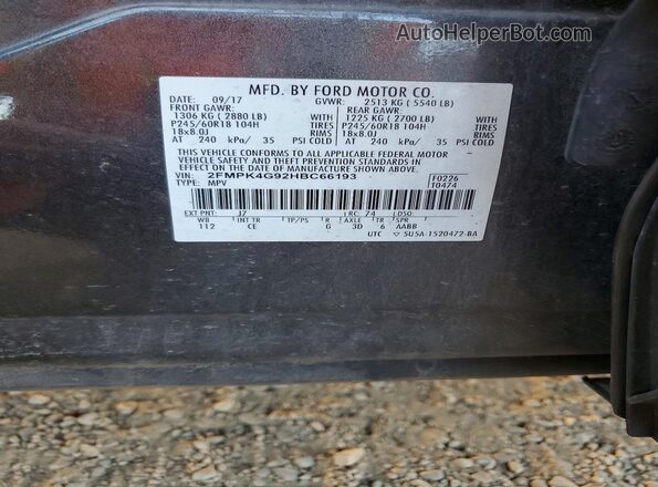 2FMPK4G92HBC66193 2017 FORD EDGE Black Widok naklejki z numerem VIN