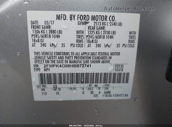 2FMPK4G98HBB72741 2017 FORD EDGE Silver Engine compartment view