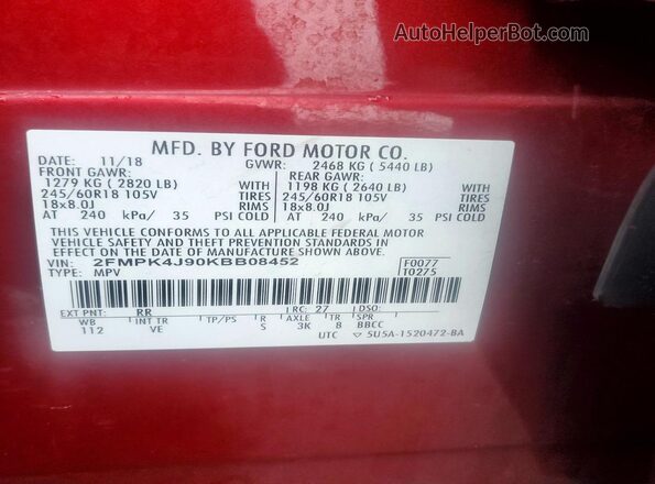 2FMPK4J90KBB08452 2019 FORD EDGE Red 