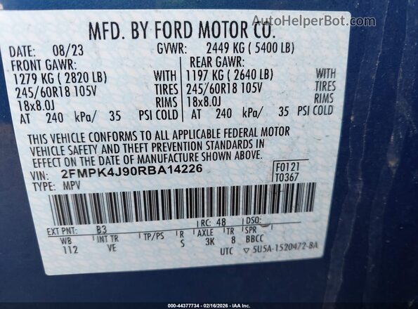 2FMPK4J90RBA14226 2024 FORD EDGE Blue Engine compartment view