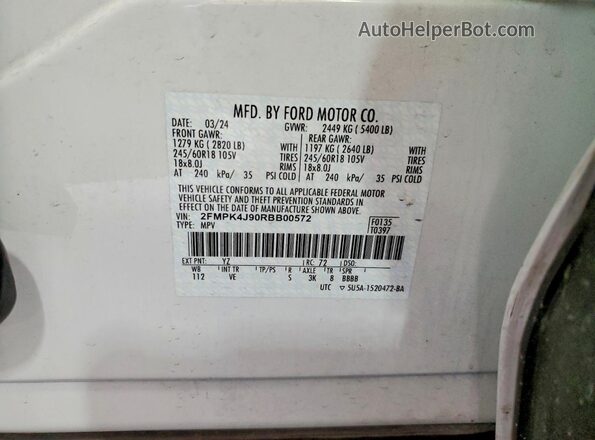 2FMPK4J90RBB00572 2024 FORD EDGE White VIN sticker view