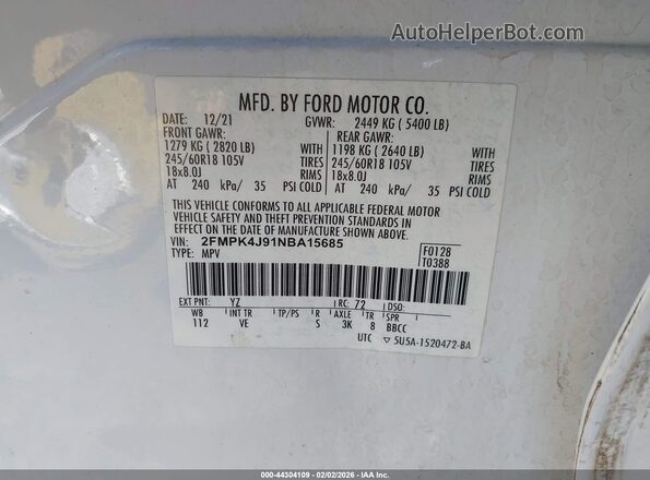 2FMPK4J91NBA15685 2022 FORD EDGE White Engine compartment view