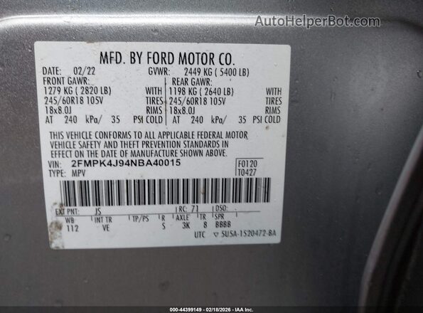 2FMPK4J94NBA40015 2022 FORD EDGE Silver Widok komory silnika