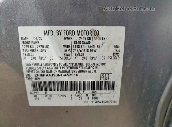 2FMPK4J98NBA53916 2022 FORD EDGE Silver VIN sticker view