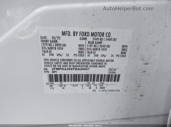 2FMPK4J9XPBA29457 2023 FORD EDGE White Вид підкапотного простору
