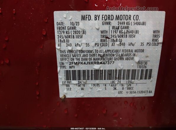 2FMPK4J9XRBA47377 2024 FORD EDGE Red Շարժիչի բաժամունքի տեսք