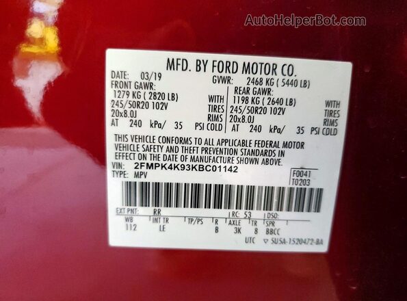 2FMPK4K93KBC01142 2019 FORD EDGE Red 