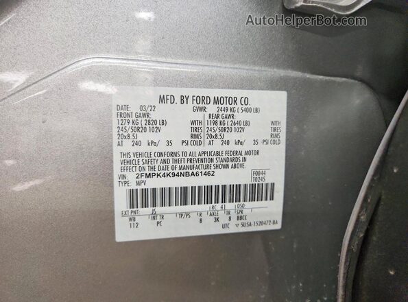 2FMPK4K94NBA61462 2022 FORD EDGE Silver VIN կոդի պիտակի տեսք