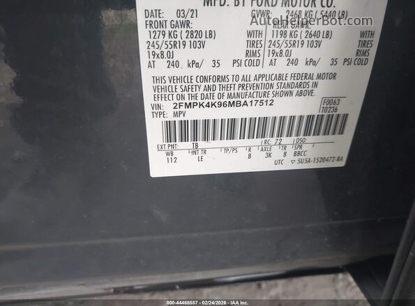 2FMPK4K96MBA17512 2021 FORD EDGE Gray 