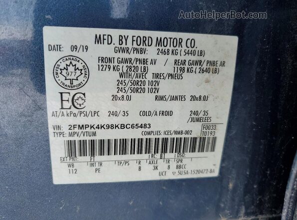 2FMPK4K98KBC65483 2019 FORD EDGE Blue 