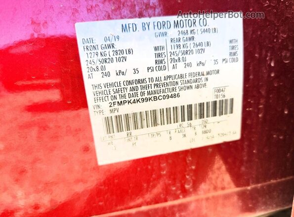 2FMPK4K99KBC09486 2019 FORD EDGE Red 