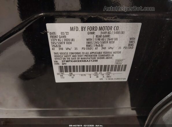 2FMPK4K9XNBA31298 2022 FORD EDGE Black Vista del compartimento del motor